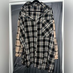 Plaid Button-Up Shacket - Black and Tan